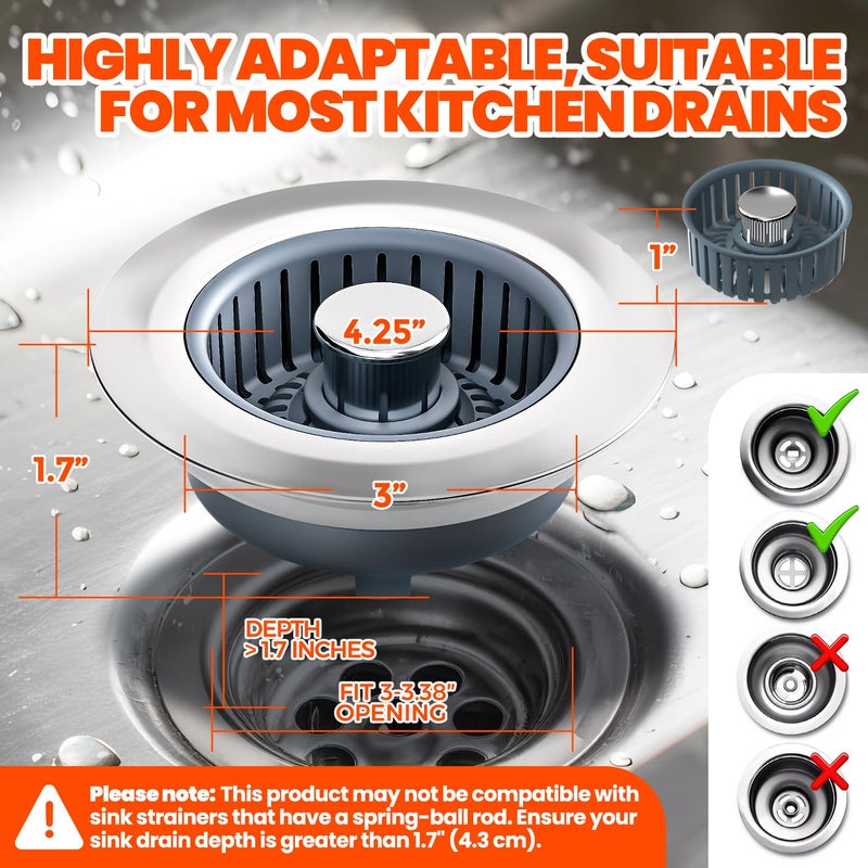 Nipoko Sink Drain Strainer - Sink Stopper, 3-in-1 Kitchen Stainless Steel Drain Plug with Anti-Clog Basket, Pop-Up Cover Fits Standard 3-1/2â€ Openings for Double Bowl Kitchen Sinks - Image 2
