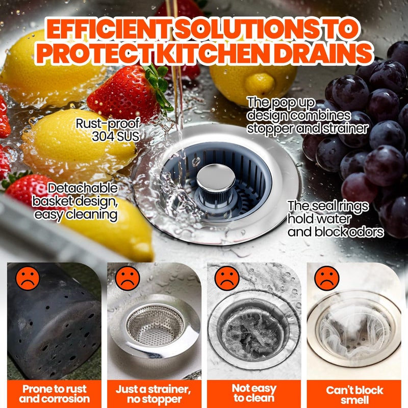 Nipoko Sink Drain Strainer - Sink Stopper, 3-in-1 Kitchen Stainless Steel Drain Plug with Anti-Clog Basket, Pop-Up Cover Fits Standard 3-1/2â€ Openings for Double Bowl Kitchen Sinks - Image 4