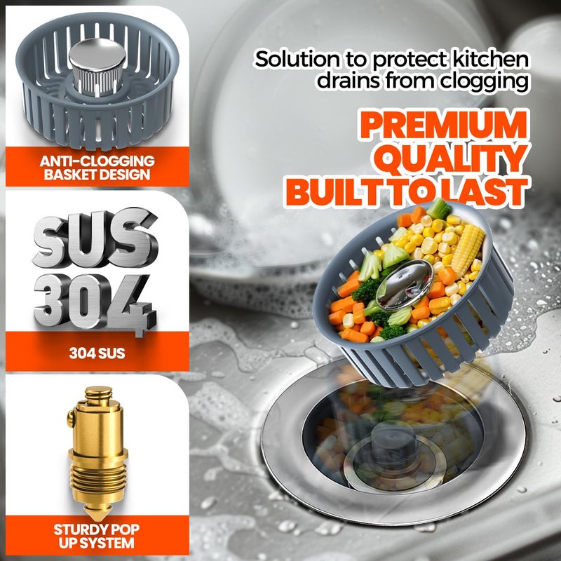 Nipoko Sink Drain Strainer - Sink Stopper, 3-in-1 Kitchen Stainless Steel Drain Plug with Anti-Clog Basket, Pop-Up Cover Fits Standard 3-1/2â€ Openings for Double Bowl Kitchen Sinks - Image 3