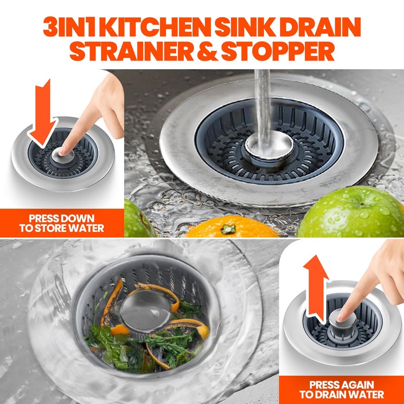 Nipoko Sink Drain Strainer - Sink Stopper, 3-in-1 Kitchen Stainless Steel Drain Plug with Anti-Clog Basket, Pop-Up Cover Fits Standard 3-1/2â€ Openings for Double Bowl Kitchen Sinks - Image 5
