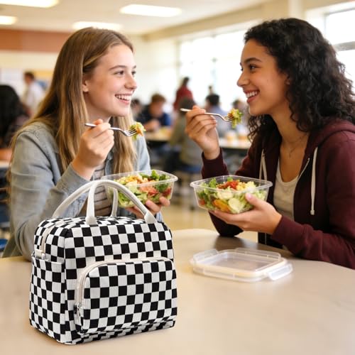 GASSDA Lunch Box for Women Insulated Lunch Bag Women Adult Cute Lunch Bags Reusable Lunchbox Cooler Tote Bag for Work Picnic (Black-White Plaid) - Image 2