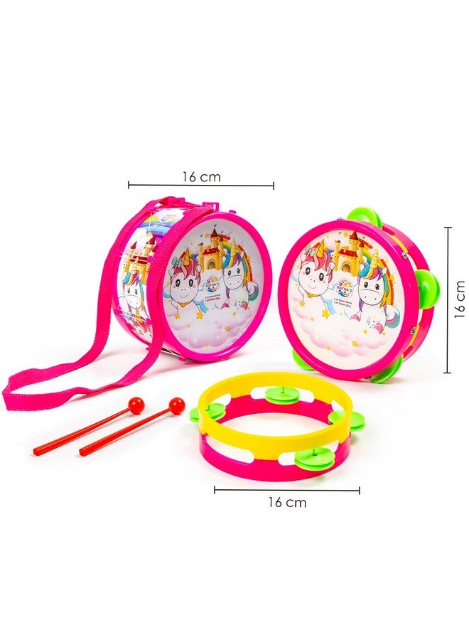 Ratna's 3 in 1 Musical Jhankar Gift Set Junior Unicorn Printed Drum Dafli Toy Musical Instrument with 2 Mallets for Kids - Image 5