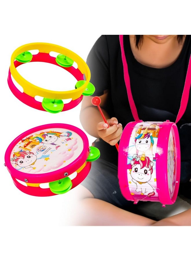 Ratna's 3 in 1 Musical Jhankar Gift Set Junior Unicorn Printed Drum Dafli Toy Musical Instrument with 2 Mallets for Kids - Image 4