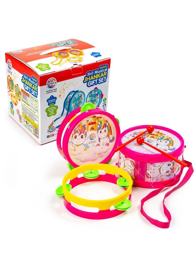 Ratna's 3 in 1 Musical Jhankar Gift Set Junior Unicorn Printed Drum Dafli Toy Musical Instrument with 2 Mallets for Kids - Image 1