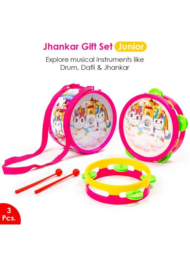 Ratna's 3 in 1 Musical Jhankar Gift Set Junior Unicorn Printed Drum Dafli Toy Musical Instrument with 2 Mallets for Kids - Image 2