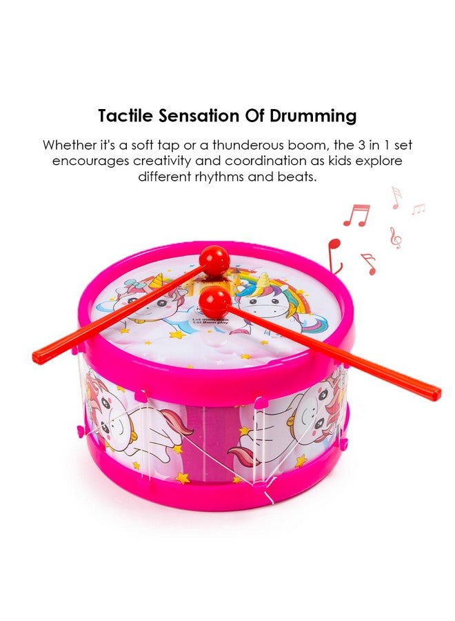 Ratna's 3 in 1 Musical Jhankar Gift Set Junior Unicorn Printed Drum Dafli Toy Musical Instrument with 2 Mallets for Kids - Image 3