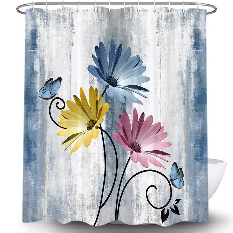 VeiVian Rustic Farmhouse Shower Curtain, Farm Blue Daisy Floral Flowers and Butterfly on Country Wooden Shower Curtain for Bathroom, Turquoise Pink Yellow Bathroom Shower Curtains with 12PCS Hooks, 70X70IN - Image 5