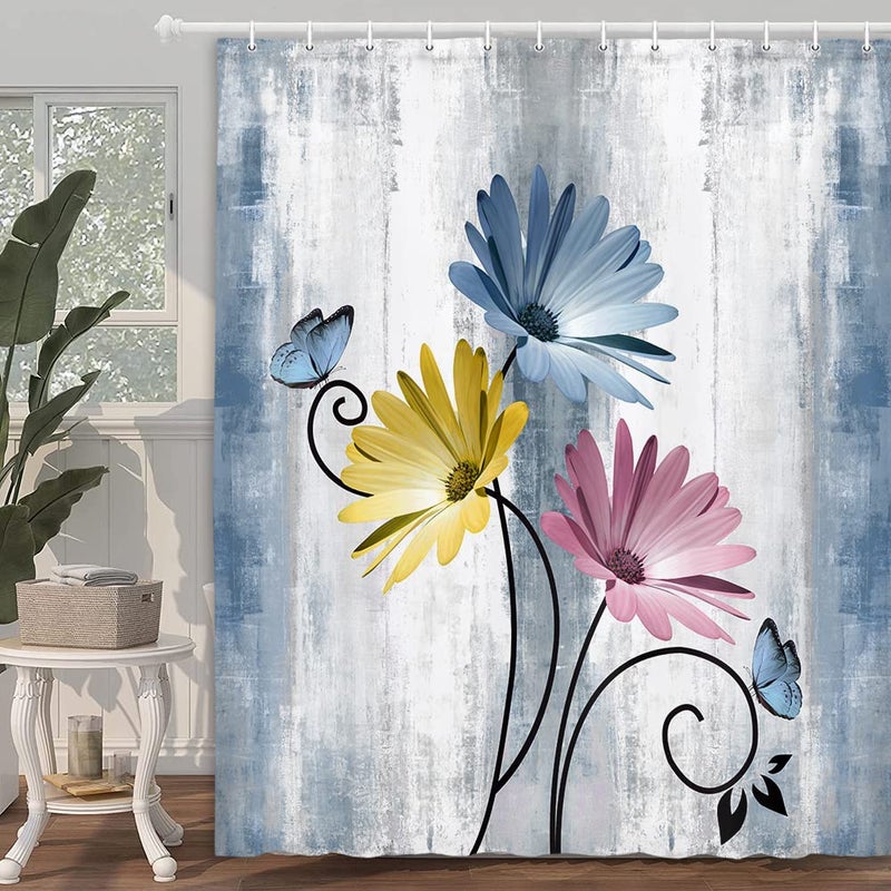 VeiVian Rustic Farmhouse Shower Curtain, Farm Blue Daisy Floral Flowers and Butterfly on Country Wooden Shower Curtain for Bathroom, Turquoise Pink Yellow Bathroom Shower Curtains with 12PCS Hooks, 70X70IN - Image 2