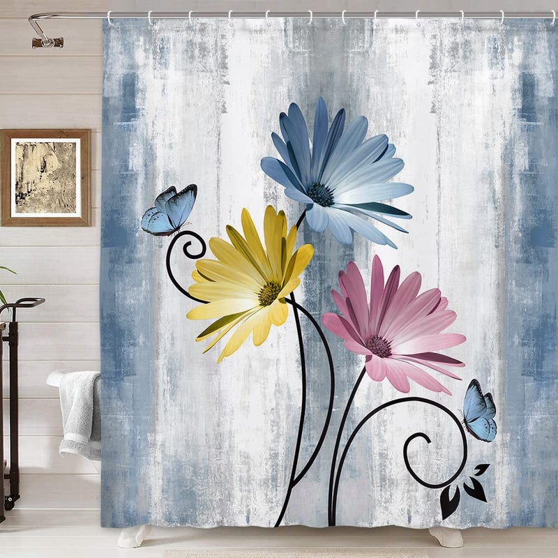 VeiVian Rustic Farmhouse Shower Curtain, Farm Blue Daisy Floral Flowers and Butterfly on Country Wooden Shower Curtain for Bathroom, Turquoise Pink Yellow Bathroom Shower Curtains with 12PCS Hooks, 70X70IN - Image 3