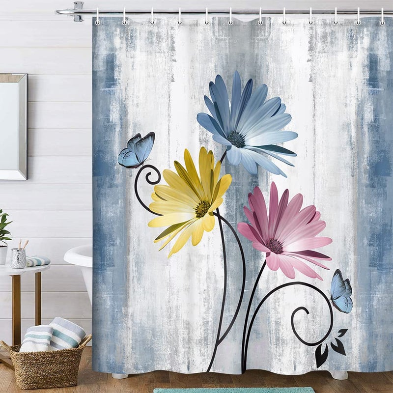 VeiVian Rustic Farmhouse Shower Curtain, Farm Blue Daisy Floral Flowers and Butterfly on Country Wooden Shower Curtain for Bathroom, Turquoise Pink Yellow Bathroom Shower Curtains with 12PCS Hooks, 70X70IN - Image 1