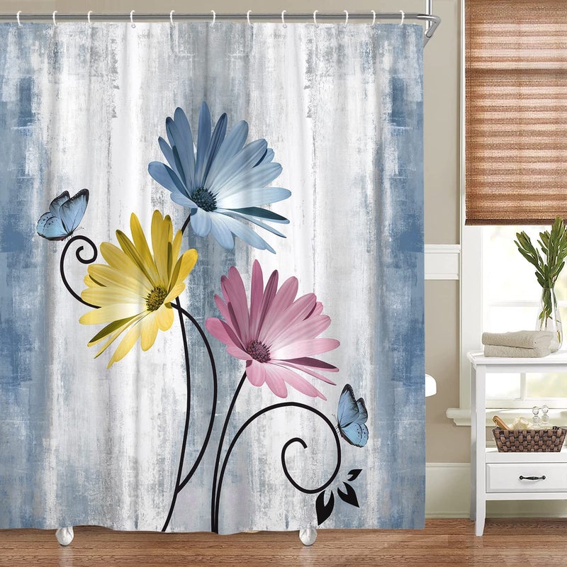 VeiVian Rustic Farmhouse Shower Curtain, Farm Blue Daisy Floral Flowers and Butterfly on Country Wooden Shower Curtain for Bathroom, Turquoise Pink Yellow Bathroom Shower Curtains with 12PCS Hooks, 70X70IN - Image 4