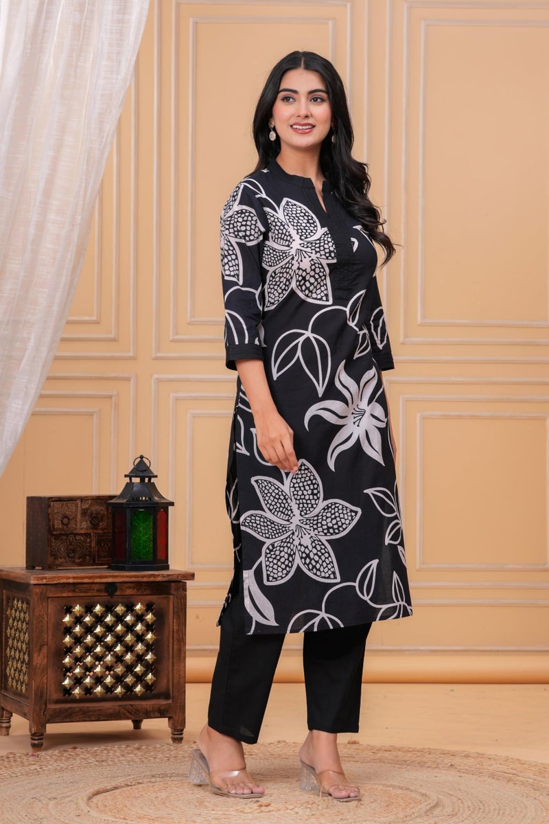 MEERA FAB Women's Pure Cotton Printed Ethnic Wear Straight Kurta Set with Palazzo Pants Black - Image 3
