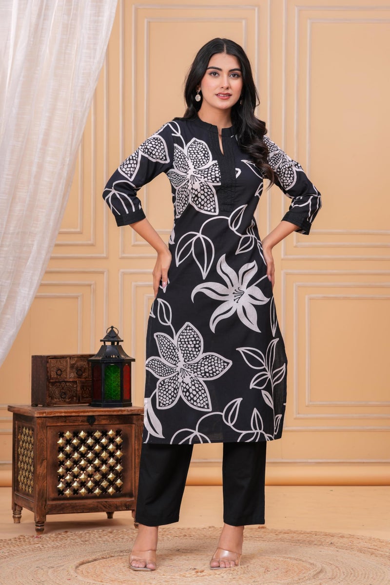MEERA FAB Women's Pure Cotton Printed Ethnic Wear Straight Kurta Set with Palazzo Pants Black - Image 5