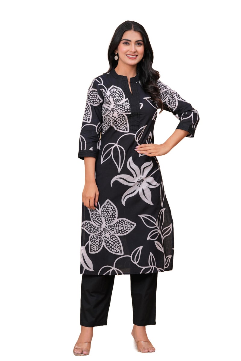 MEERA FAB Women's Pure Cotton Printed Ethnic Wear Straight Kurta Set with Palazzo Pants Black - Image 1