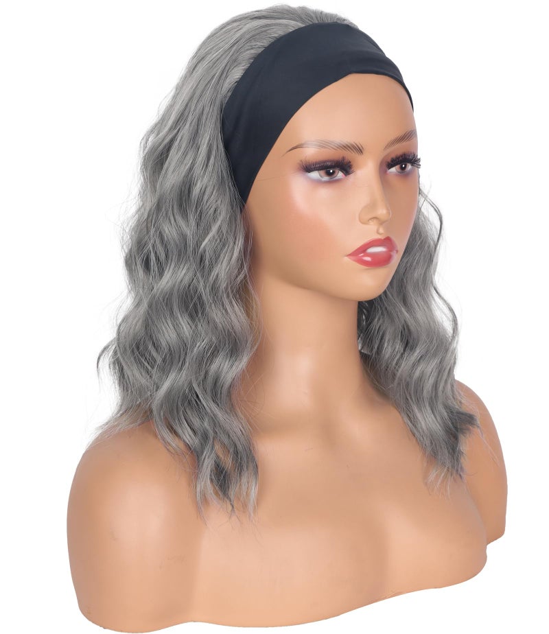 SYMEIW Silver Grey Wavy Headband Wig For Black Women Curly Half Wigs With Headband Attached Synthetic Wrap Wigs For Women(Gray)â€¦ - Image 3