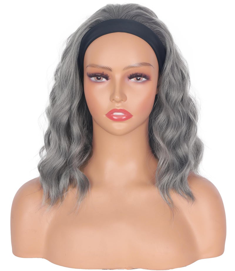 SYMEIW Silver Grey Wavy Headband Wig For Black Women Curly Half Wigs With Headband Attached Synthetic Wrap Wigs For Women(Gray)â€¦ - Image 2