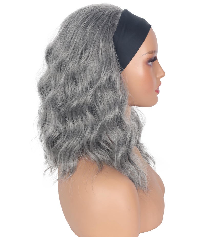 SYMEIW Silver Grey Wavy Headband Wig For Black Women Curly Half Wigs With Headband Attached Synthetic Wrap Wigs For Women(Gray)â€¦ - Image 4