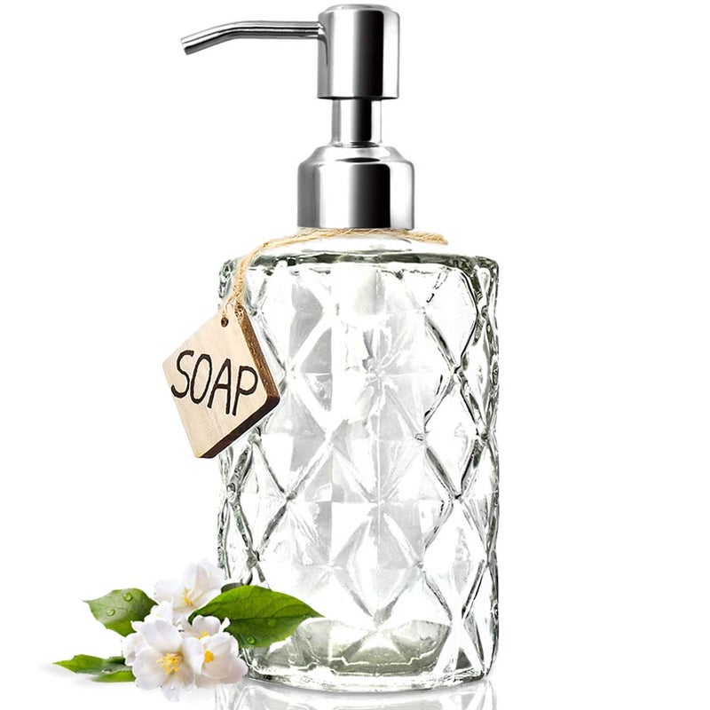 JASAI Diamond Design 12 Oz Glass Soap Dispenser, Kitchen soap Dispenser with 304 Rust Proof Stainless Steel Pump, Bathroom Soap Dispenser for Hand Soap, Soap, Lotion(Clear). - Image 1