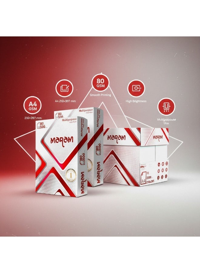 Maram A4 80 GSM Premium White Copy Paper – 1 Carton (5 Reams x 500 Sheets = 2500 Sheets) - Image 1