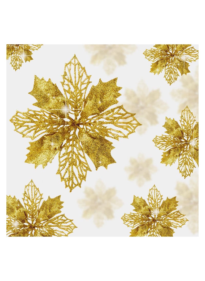 ACLIX 12 Pcs Glitter Poinsettia Flowers Artificial - Christmas Gold Poinsettia Decorations Tree Flowers Ornaments for Xmas/Holiday/Seasonal/Wedding Decor  - Image 1