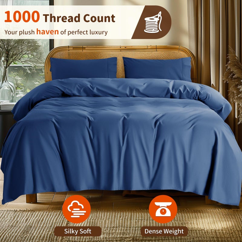 LBRO2M LBRO2M 1000 Thread Count 100% Cotton Sheets Set King Size Bed Sheet 4 Piece Sets Long Staple 16 Inches Deep Pocket All Season Bedding Super Soft Comforterble Breathable Sateen (Navy Blue)  - Image 2