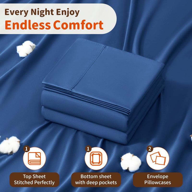 LBRO2M LBRO2M 1000 Thread Count 100% Cotton Sheets Set King Size Bed Sheet 4 Piece Sets Long Staple 16 Inches Deep Pocket All Season Bedding Super Soft Comforterble Breathable Sateen (Navy Blue)  - Image 5