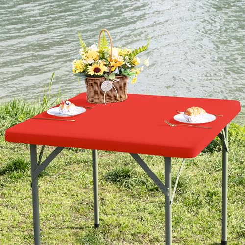 Nacuci Square Fitted Table Cover Elastic Tablecloth Stretch Spandex Table Top Cover Table Topper Cap for Dining Kitchen Home Party Red 34X34 Inch - Image 1
