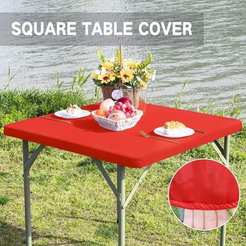 Nacuci Square Fitted Table Cover Elastic Tablecloth Stretch Spandex Table Top Cover Table Topper Cap for Dining Kitchen Home Party Red 34X34 Inch - Image 3