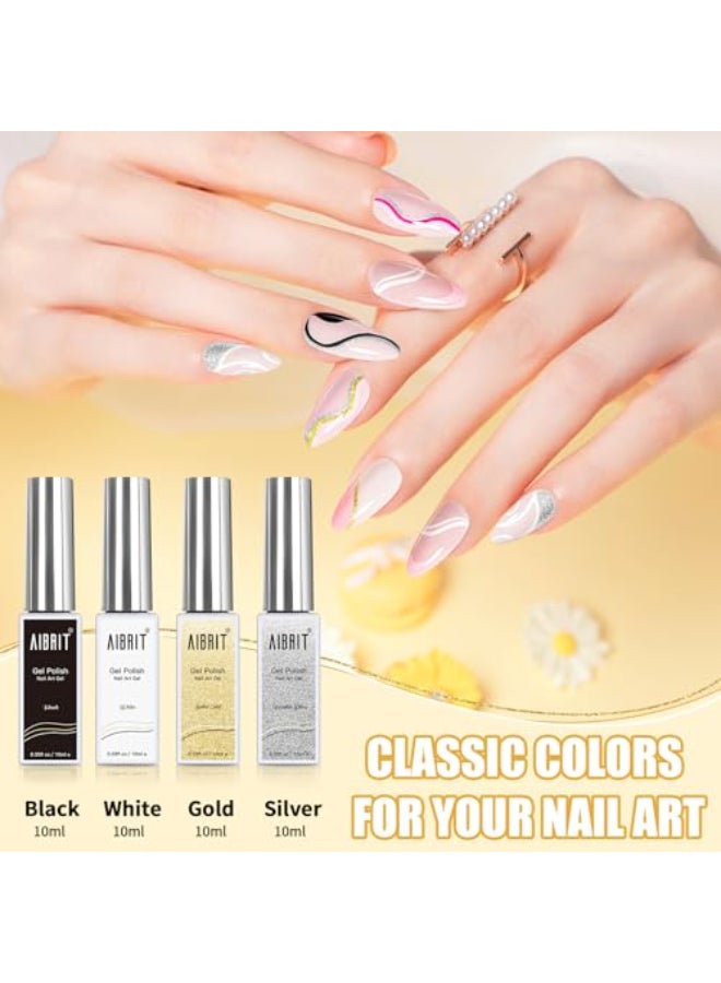 AIBRIT Gel Liner Art Polish Set 10ml 4 Colors Black White Gold Silver Design Paint with Thin Brush in Bottle for Swirl Euphoria French Tips Manicure Painting DIY at Home - Image 3
