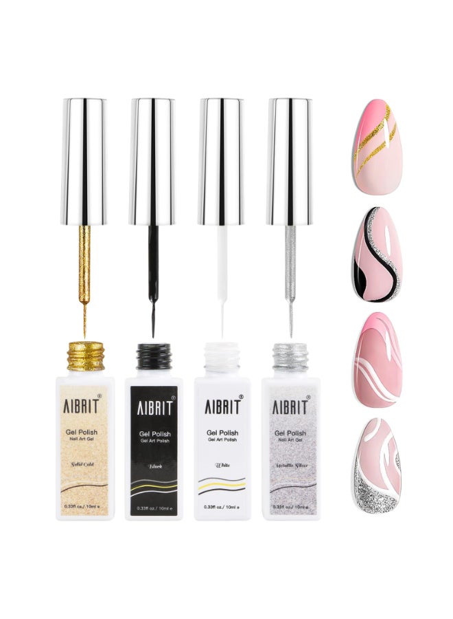 AIBRIT Gel Liner Art Polish Set 10ml 4 Colors Black White Gold Silver Design Paint with Thin Brush in Bottle for Swirl Euphoria French Tips Manicure Painting DIY at Home - Image 2