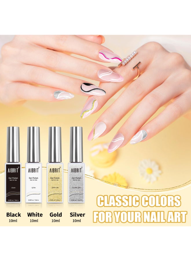 AIBRIT Gel Liner Art Polish Set 10ml 4 Colors Black White Gold Silver Design Paint with Thin Brush in Bottle for Swirl Euphoria French Tips Manicure Painting DIY at Home - Image 4