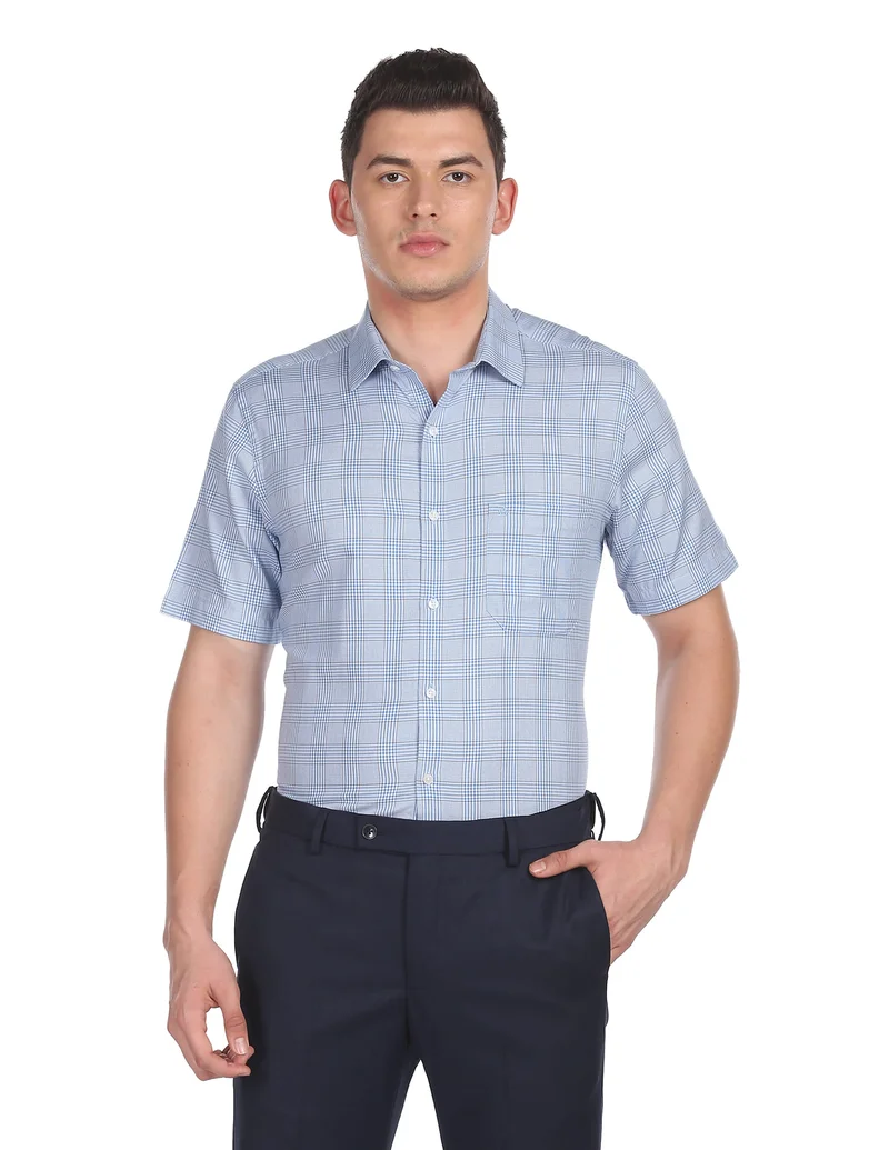 Arrow Blue Short Sleeve Cotton Check Formal Shirt for Men | Best Price UAE