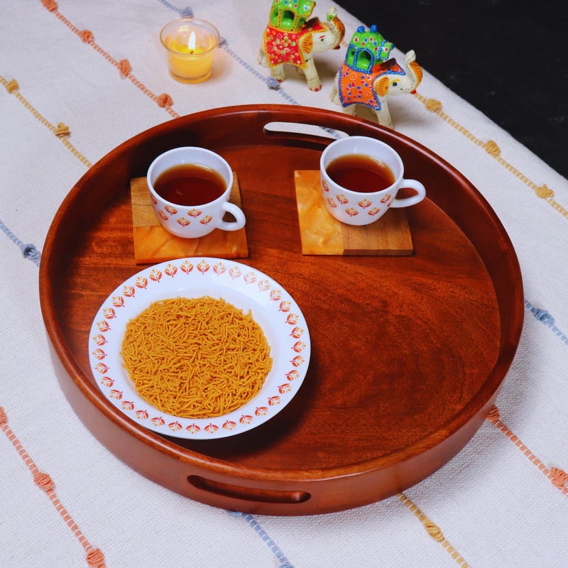 loosebucketHandcrafted Natural Finish Round Wooden Serving Tray Decorative Items for Kitchen Decor Tray for Kitchen Organizer Wooden Serving Platter 1 Pc 405 x 405 x 5 cm Brown - Image 3