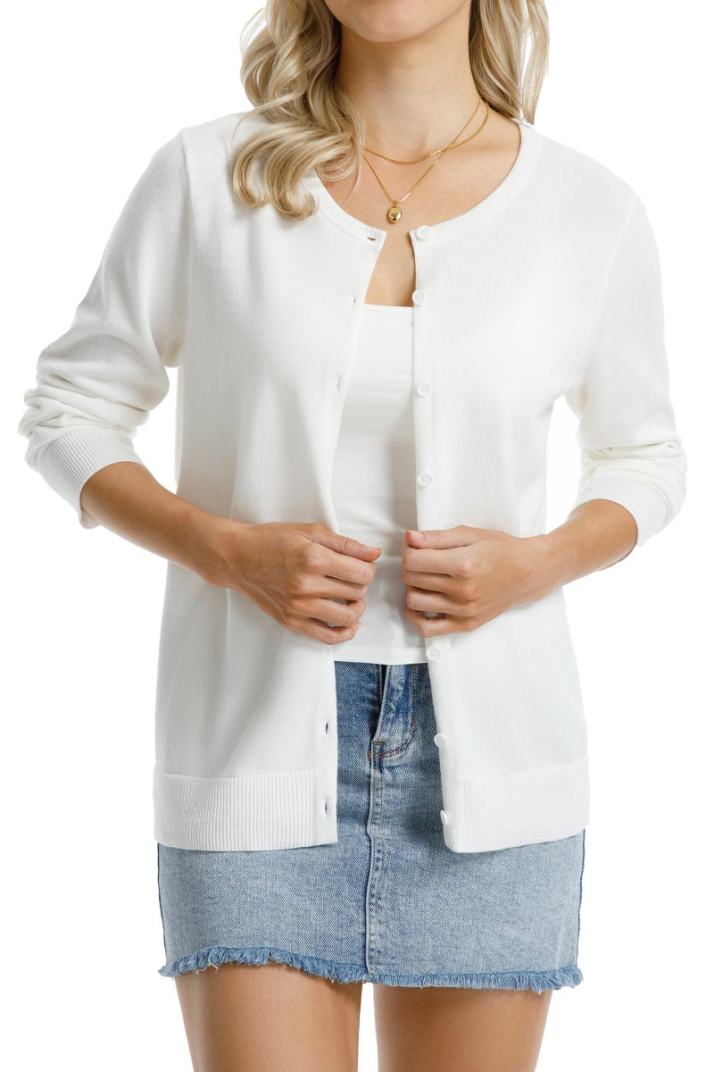 QUALFORT Women's Crewneck Cardigan Sweater 100% Cotton Relaxed Fit Lightweight Button Down Outerwear Off White Medium - Image 4