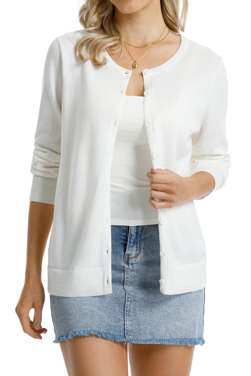 QUALFORT Women's Crewneck Cardigan Sweater 100% Cotton Relaxed Fit Lightweight Button Down Outerwear Off White Medium - Image 1