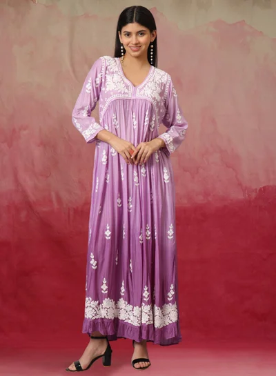Alaya Hand Embroidered Chikankari A-Line Gathering Pattern Muslin Jalabiya-AL4002