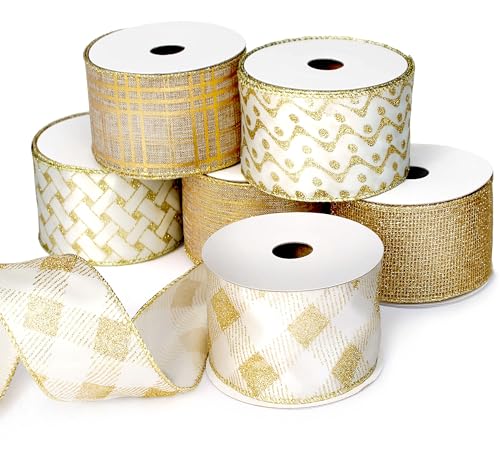Gold Ribbon Wired Easter Ribbons for Baskets 25 Inch 6 Rolls 36 Yards Burlap Basket Organza Sheer Mesh Metallic Glitter Crafts Decorating Gift Wrapping Bows Wrap Bow Christmas Tree Topper Wreath