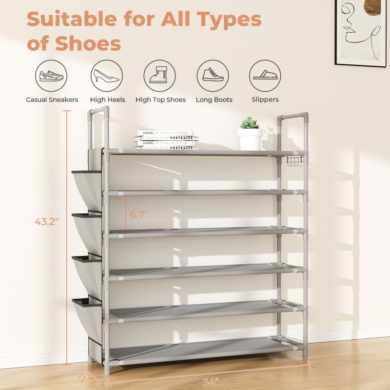 LANTEFUL 6 Tier Shoe Rack Storage for 24-30 Pairs Shoe and Boot, Shoe Organizer with Hook and Side Pocket Free Standing Long Shoe Shelf Tall Shoe Rack Organizer for Closet, Entryway, Dorm, Grey - Image 3