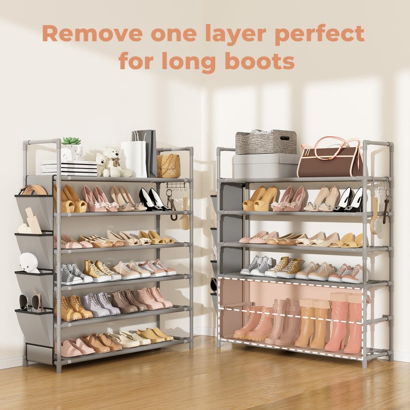 LANTEFUL 6 Tier Shoe Rack Storage for 24-30 Pairs Shoe and Boot, Shoe Organizer with Hook and Side Pocket Free Standing Long Shoe Shelf Tall Shoe Rack Organizer for Closet, Entryway, Dorm, Grey - Image 5