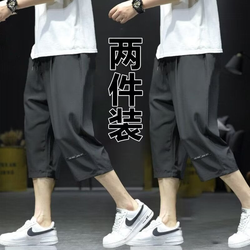 Generic Summer Ultra-thin Ice Silk Cropped Shorts Mens Sports Running Casual breeches Loose All-match 7-point Air-conditioned Pants for Men Black