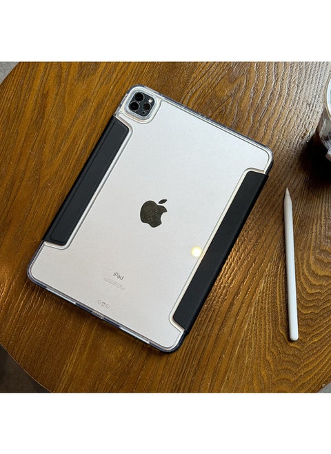 For Apple Ipadair6 Protective Shell Pro No Slot 10 Generation 10.9 Acrylic 12.9 Anti-bending Buckle Y-fold-Color:128 [y Folded Buckle | One-piece Ice Crystal] Black + Tempered Film-Applicable Models:Ipad Air6/ipad Air7 ( 11inch )