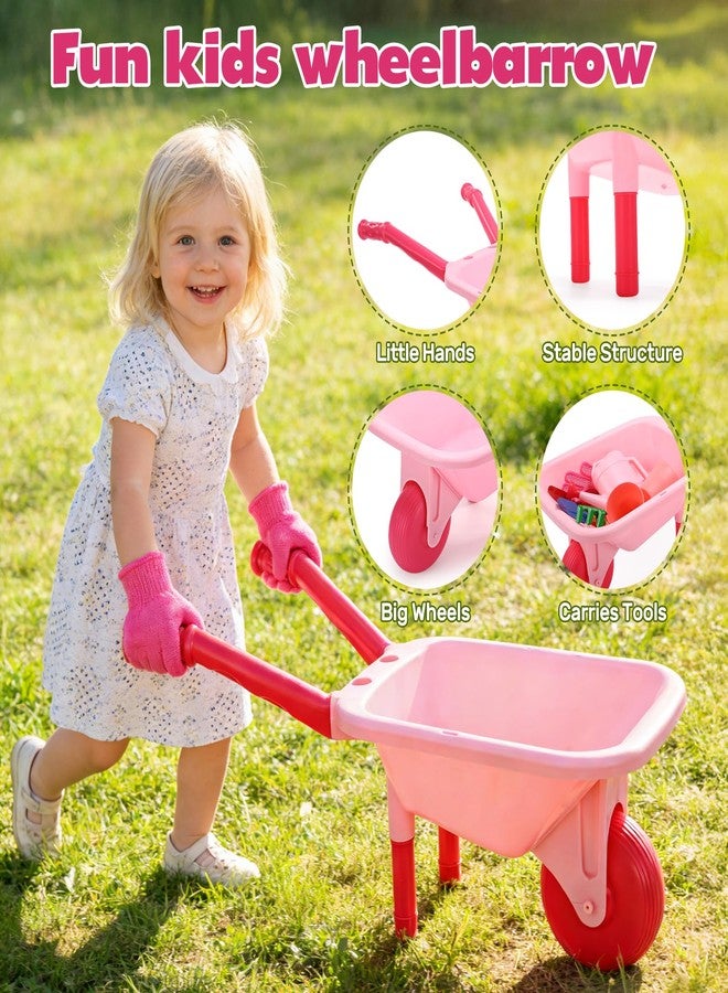 CUTE STONE Kids Gardening Tool Set, Pink Wheelbarrow with Garden Toys with Watering Can, Gloves, Hand Rake, Shovel, Trowel, Outdoor/Indoor Pretend Play Toys for Toddlers Boys Girls Age 3+ - Image 3