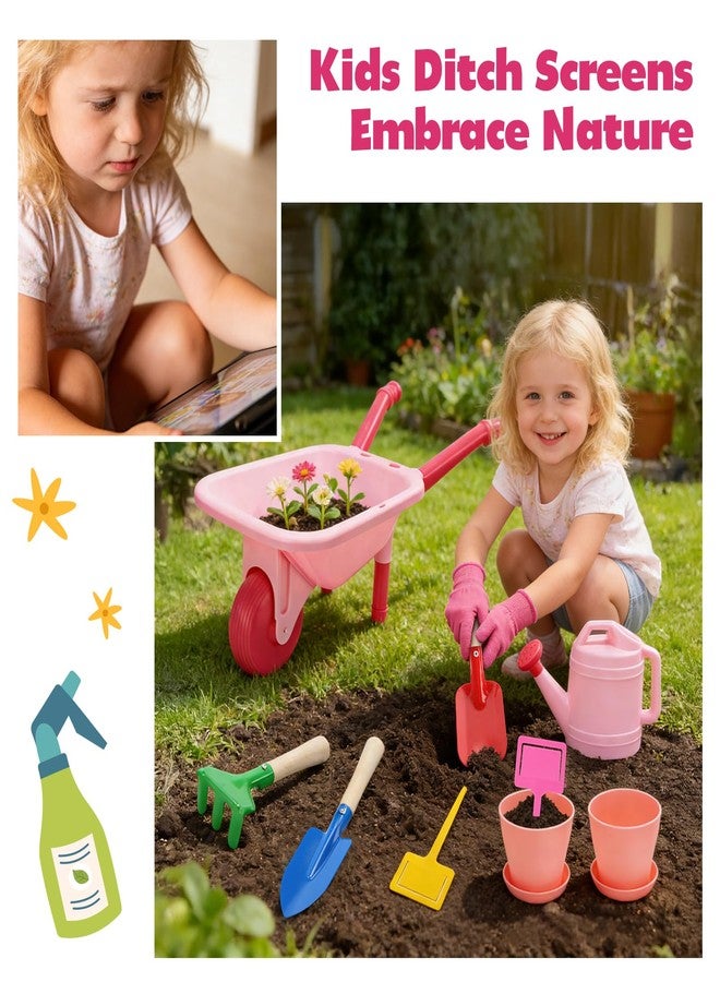 CUTE STONE Kids Gardening Tool Set, Pink Wheelbarrow with Garden Toys with Watering Can, Gloves, Hand Rake, Shovel, Trowel, Outdoor/Indoor Pretend Play Toys for Toddlers Boys Girls Age 3+ - Image 2