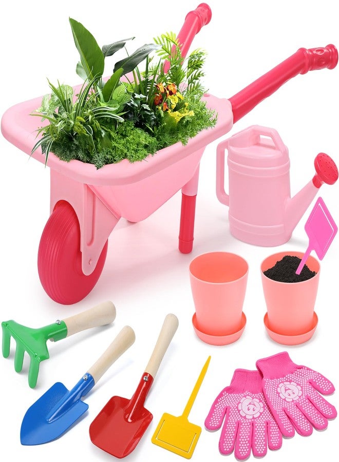 CUTE STONE Kids Gardening Tool Set, Pink Wheelbarrow with Garden Toys with Watering Can, Gloves, Hand Rake, Shovel, Trowel, Outdoor/Indoor Pretend Play Toys for Toddlers Boys Girls Age 3+ - Image 1