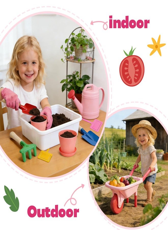 CUTE STONE Kids Gardening Tool Set, Pink Wheelbarrow with Garden Toys with Watering Can, Gloves, Hand Rake, Shovel, Trowel, Outdoor/Indoor Pretend Play Toys for Toddlers Boys Girls Age 3+ - Image 4