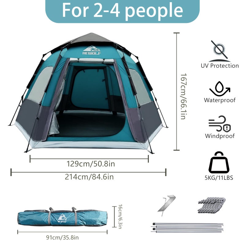 Hewolf 2/3/4 Person Camping Tent - Instant Pop Up Waterproof 2 Doors Tent with Easy Setup | 3-Season Hexagonal Dome Design for Family, Hiking & Traveling (Blue) - Image 4