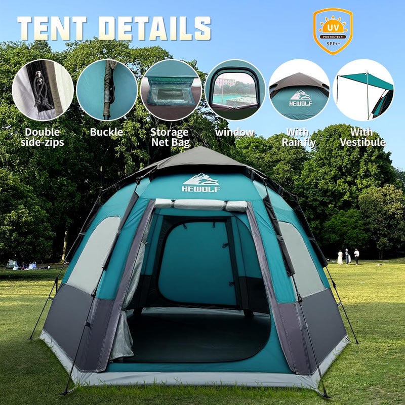 Hewolf 2/3/4 Person Camping Tent - Instant Pop Up Waterproof 2 Doors Tent with Easy Setup | 3-Season Hexagonal Dome Design for Family, Hiking & Traveling (Blue) - Image 3
