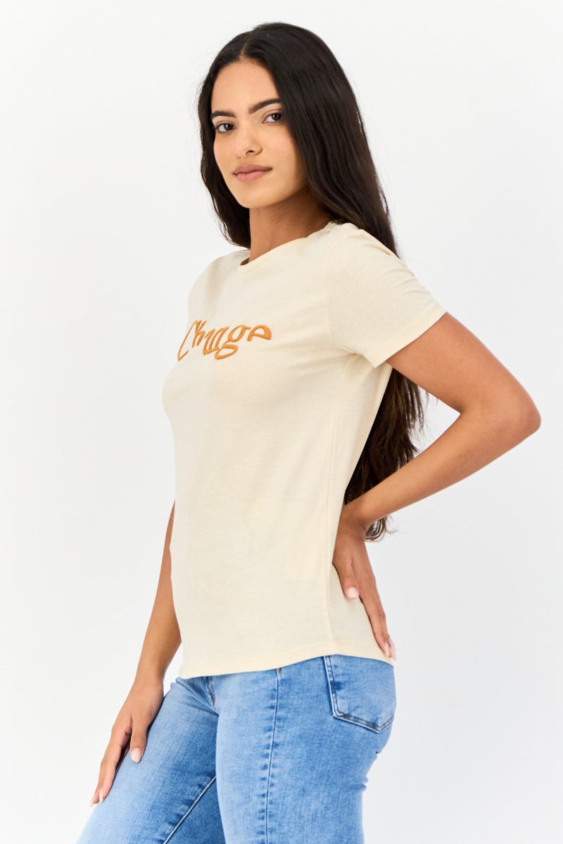 ONLY Women Round Neck Short Sleeves Embroidered T Shirt, Beige  - Image 4