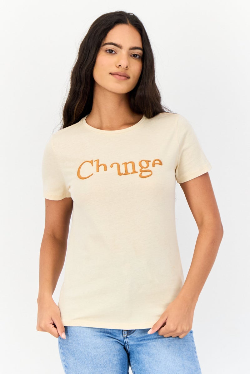 ONLY Women Round Neck Short Sleeves Embroidered T Shirt, Beige  - Image 1