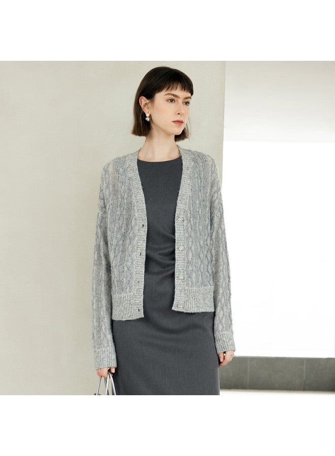 Yanyee Women's Early Autumn Fashion Elegant Subtle Sparkle Long Sleeve V-neck Wool Knit Sweater Gray M/38 - Image 1